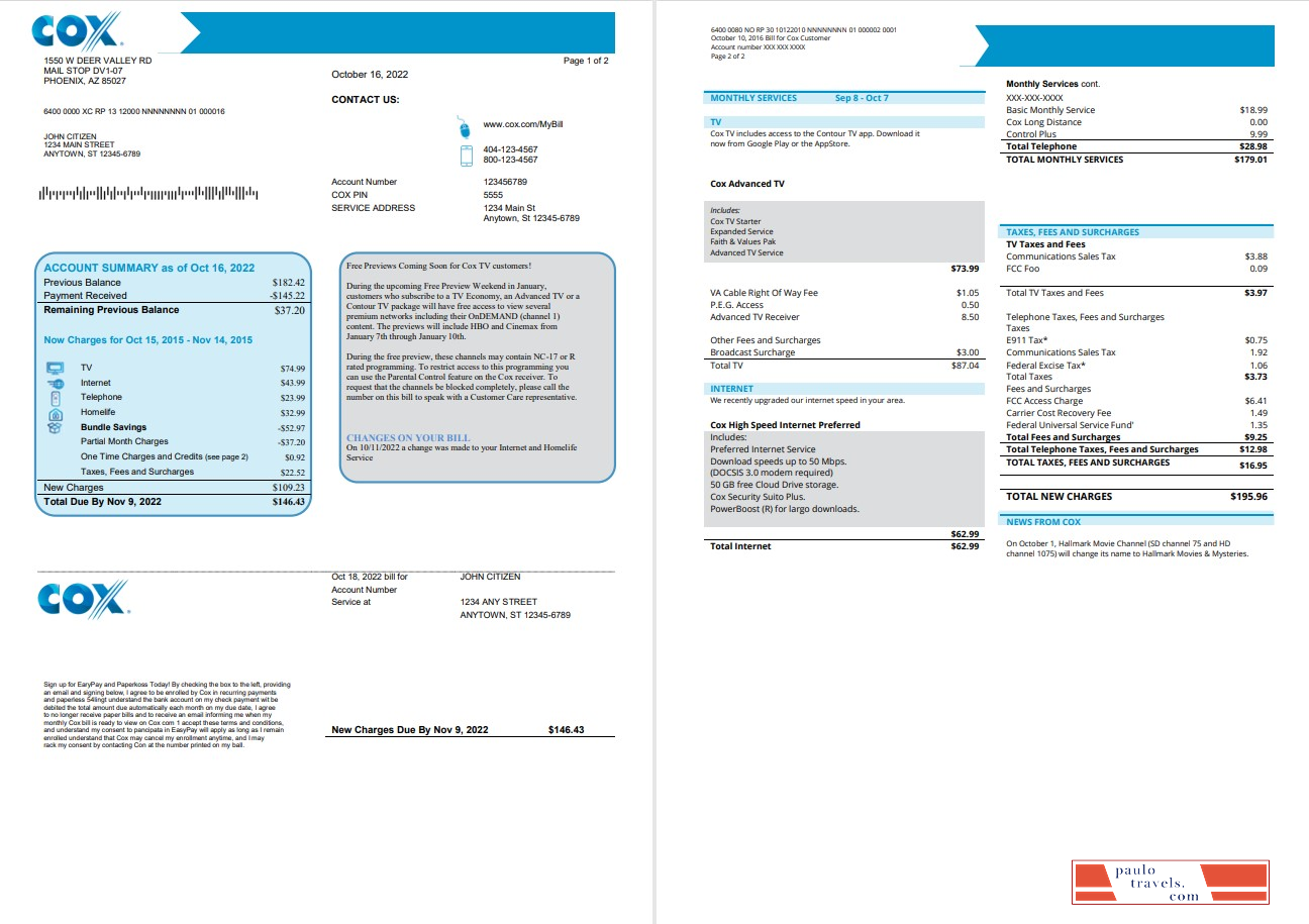 USA COX utility bill template in Word and PDF format